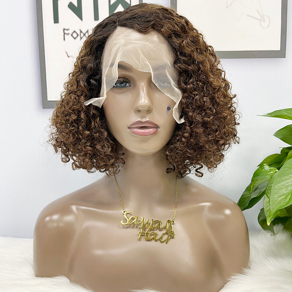 DD T Lace Wig Pixie Curl perruques de cheveux humains naturels 14 pouces couleur T1B/4