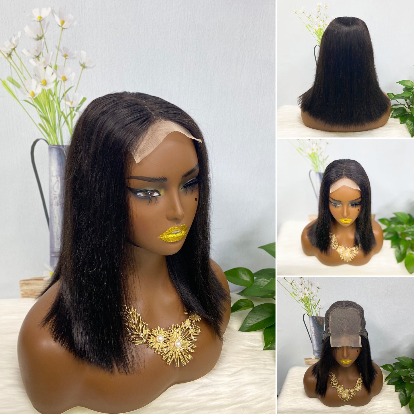 DD 4*4 BOB Wig Straight Natural Human Hair Lace Wigs Color NC 350% Density