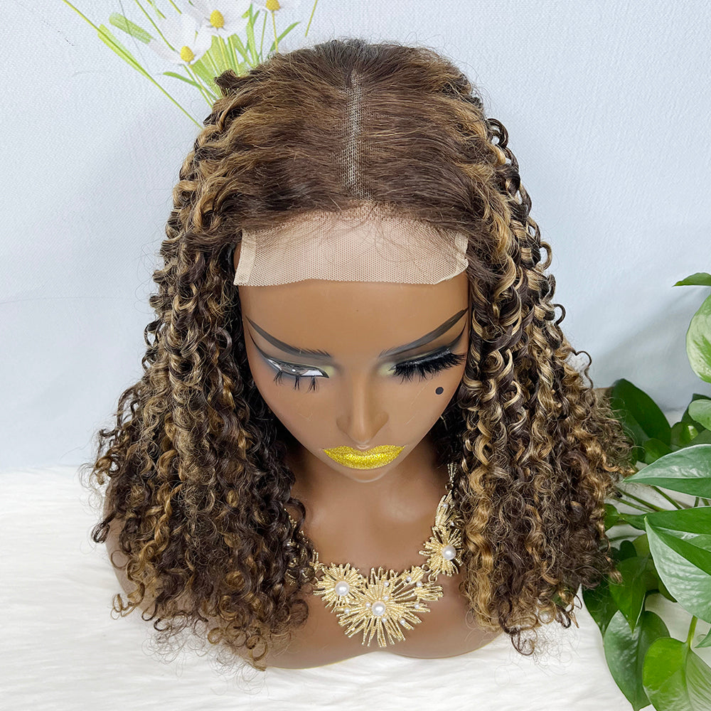 DD 4*4 perruque de dentelle sans colle Pixie perruque de dentelle de cheveux humains naturels couleur P4/27 #250% densité
