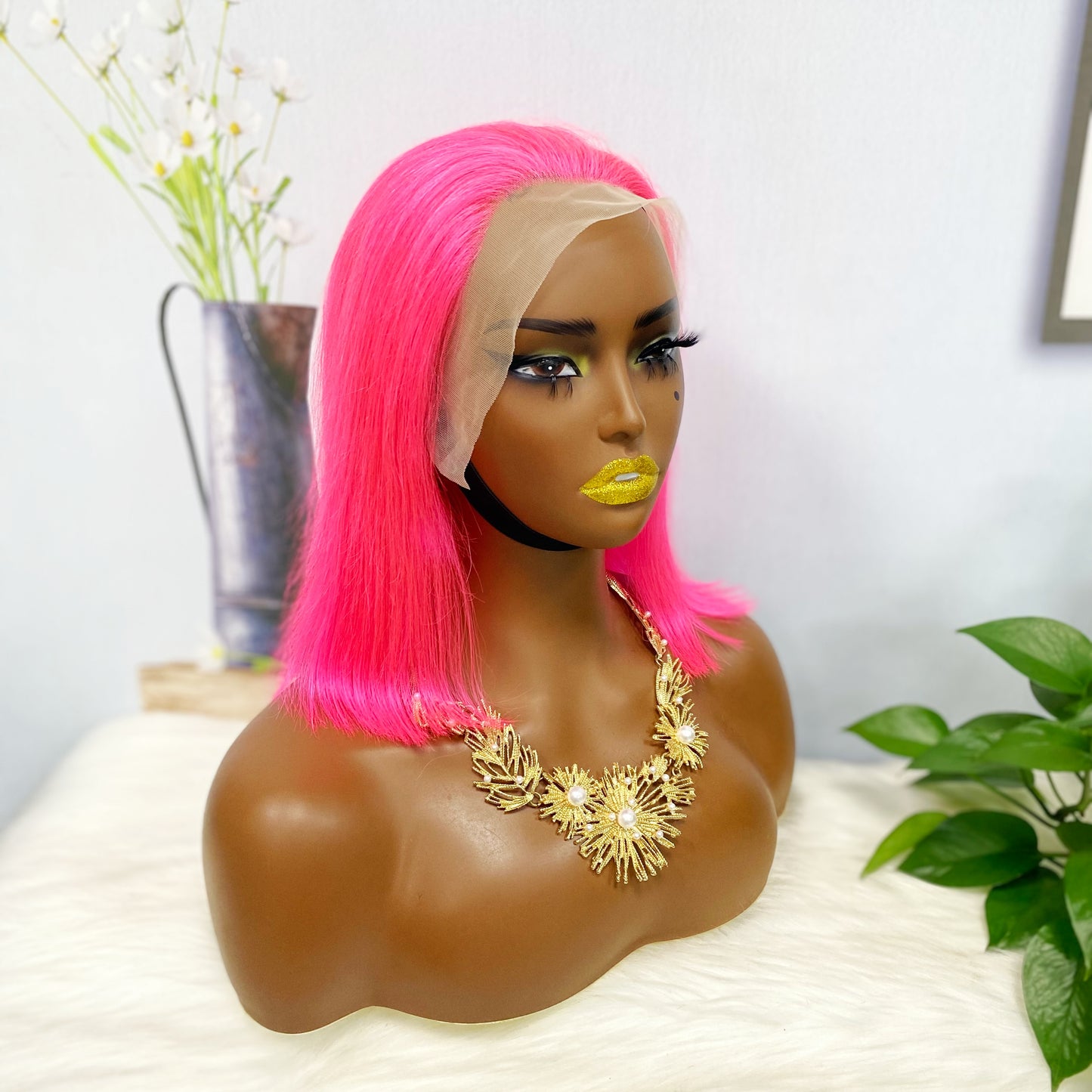 13*4 BoB Wig Perruques droites Couleur Rose Densité 200%