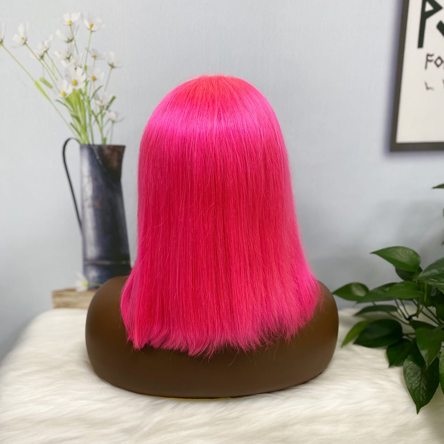 13*4 BoB Wig Perruques droites Couleur Rose Densité 200%