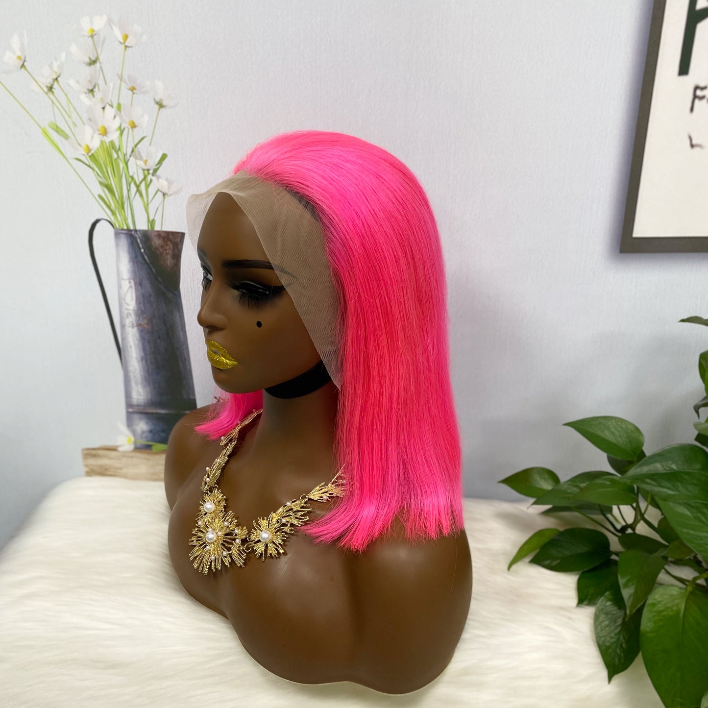 13*4 BoB Wig Perruques droites Couleur Rose Densité 200%