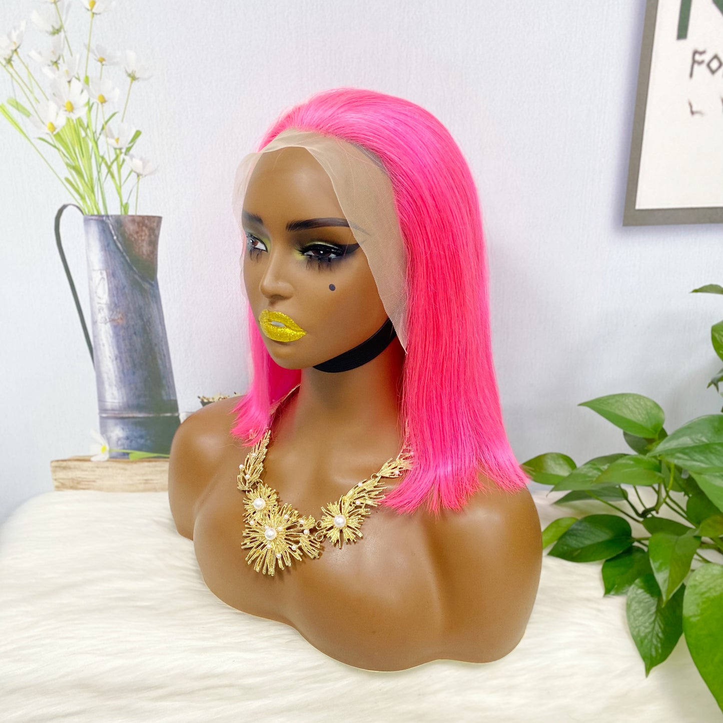 13*4 BoB Wig Perruques droites Couleur Rose Densité 200%