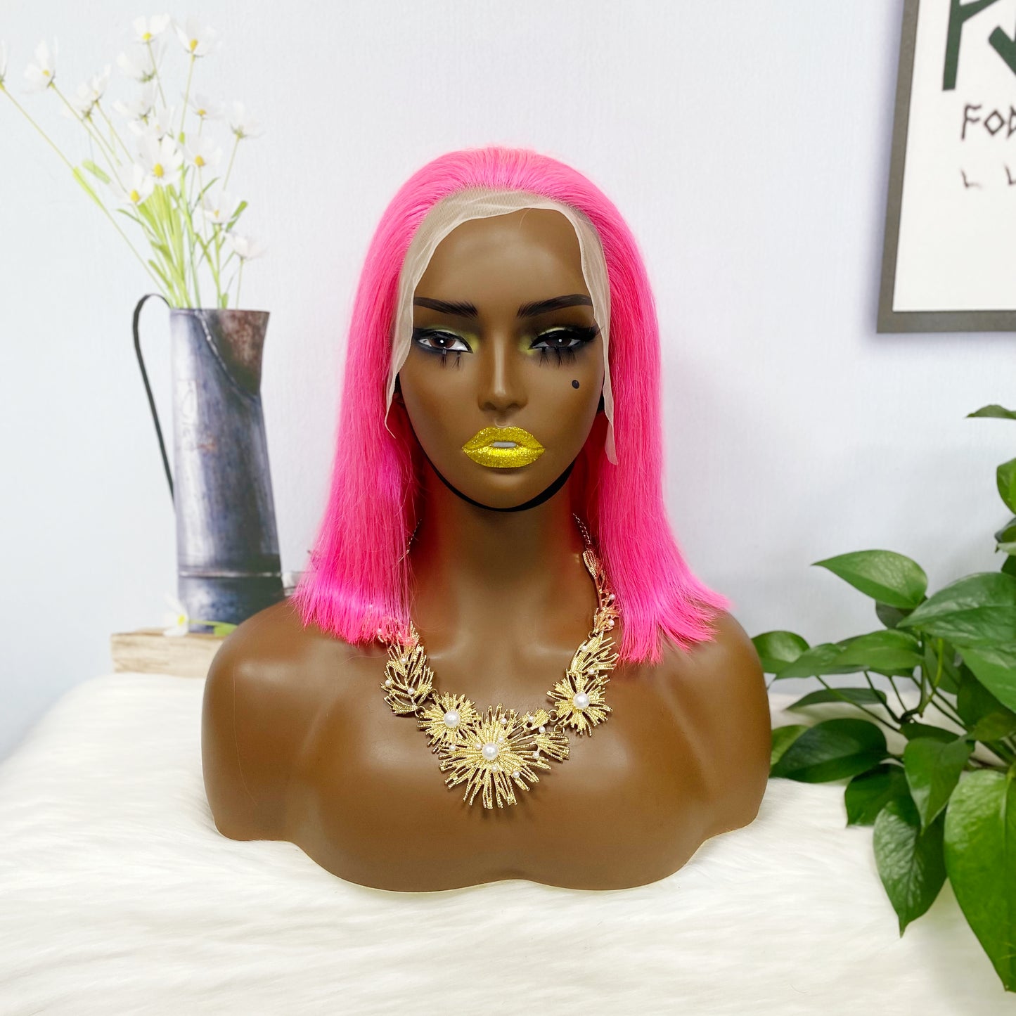 13*4 BoB Wig Perruques droites Couleur Rose Densité 200%