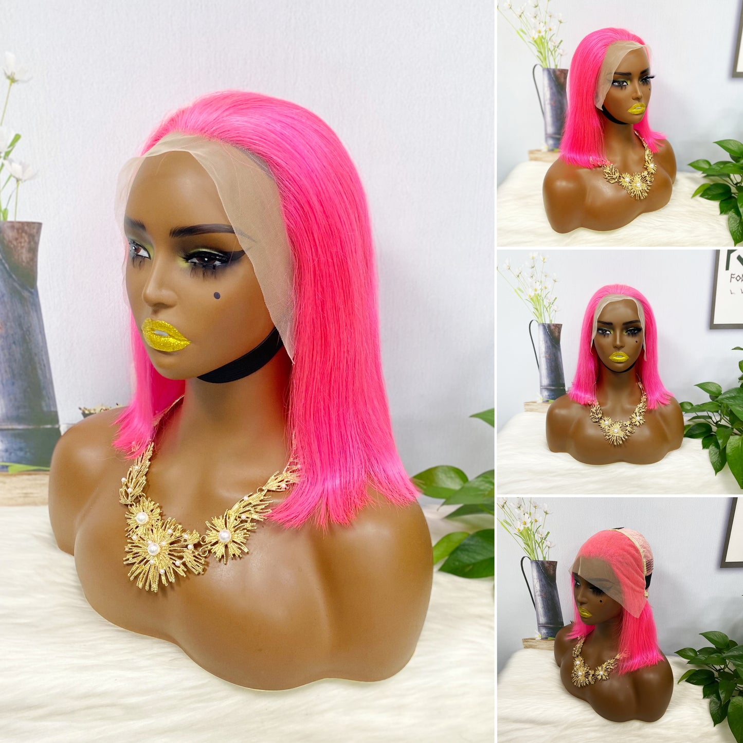 13*4 BoB Wig Perruques droites Couleur Rose Densité 200%
