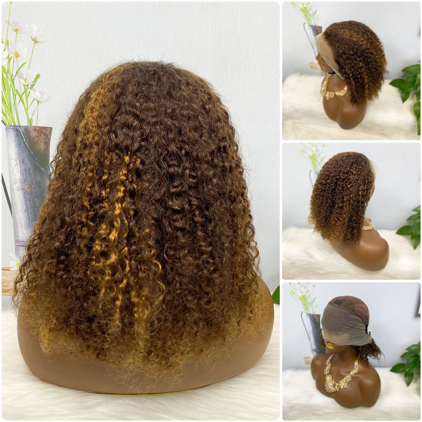 Doubles perruques dessinées 13*4 BoB Pixie Curl densité 16 pouces 250%