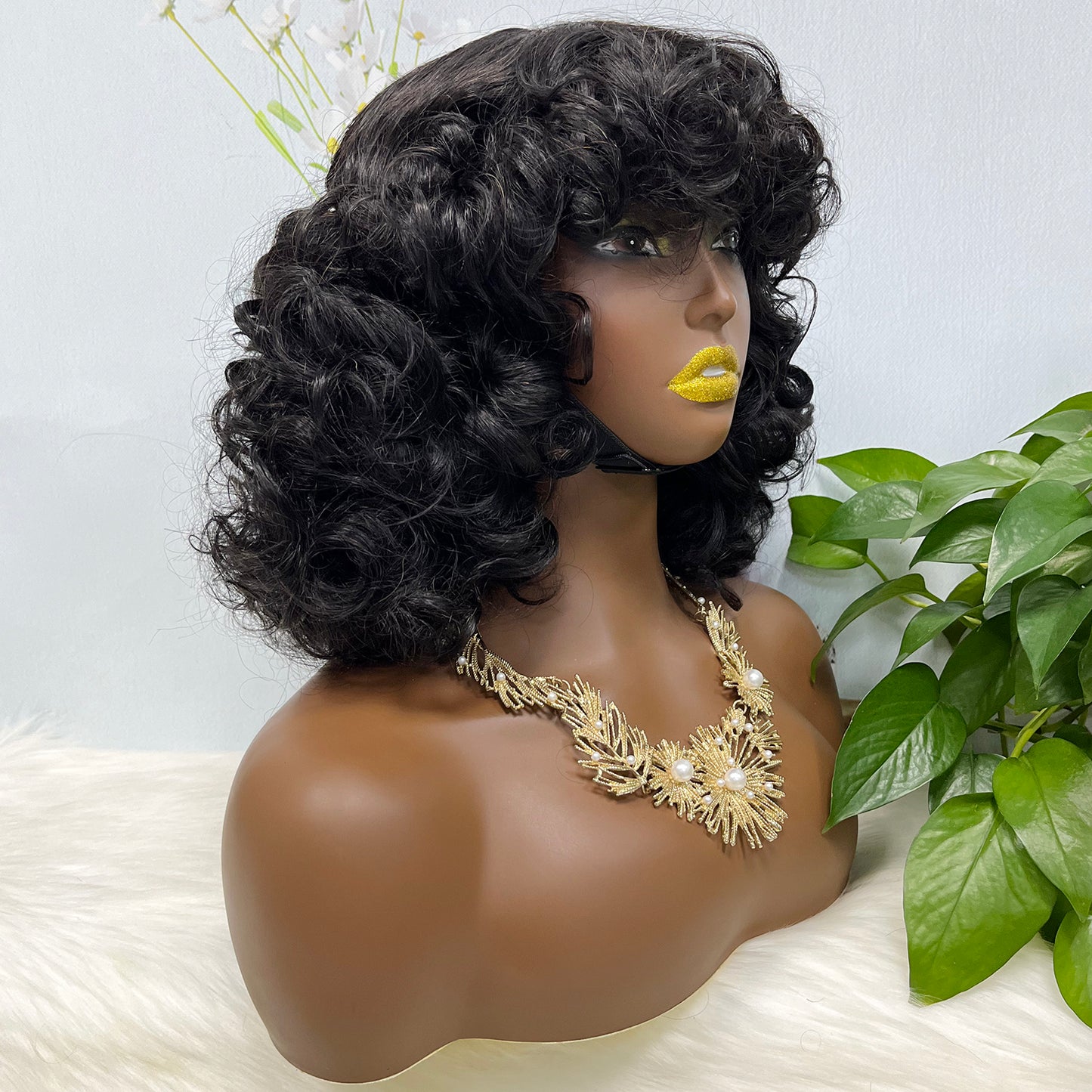 Fringe Double Drawn Human Hair Wig Fumi Curl Natural Color Wigs 14inch