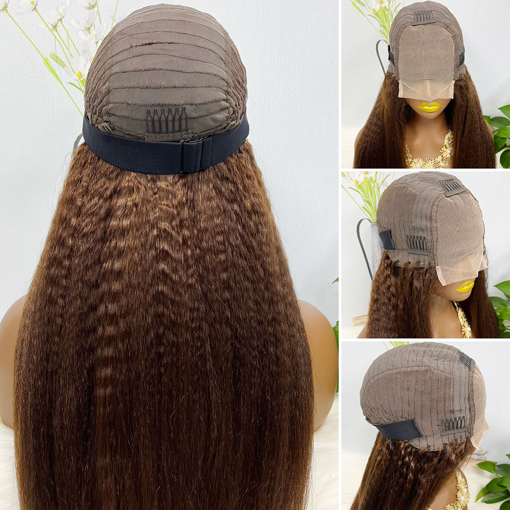 4*4 Lace Wig Kinky Straight Couleur 4# 20" Perruque de cheveux humains naturels 250% Densité