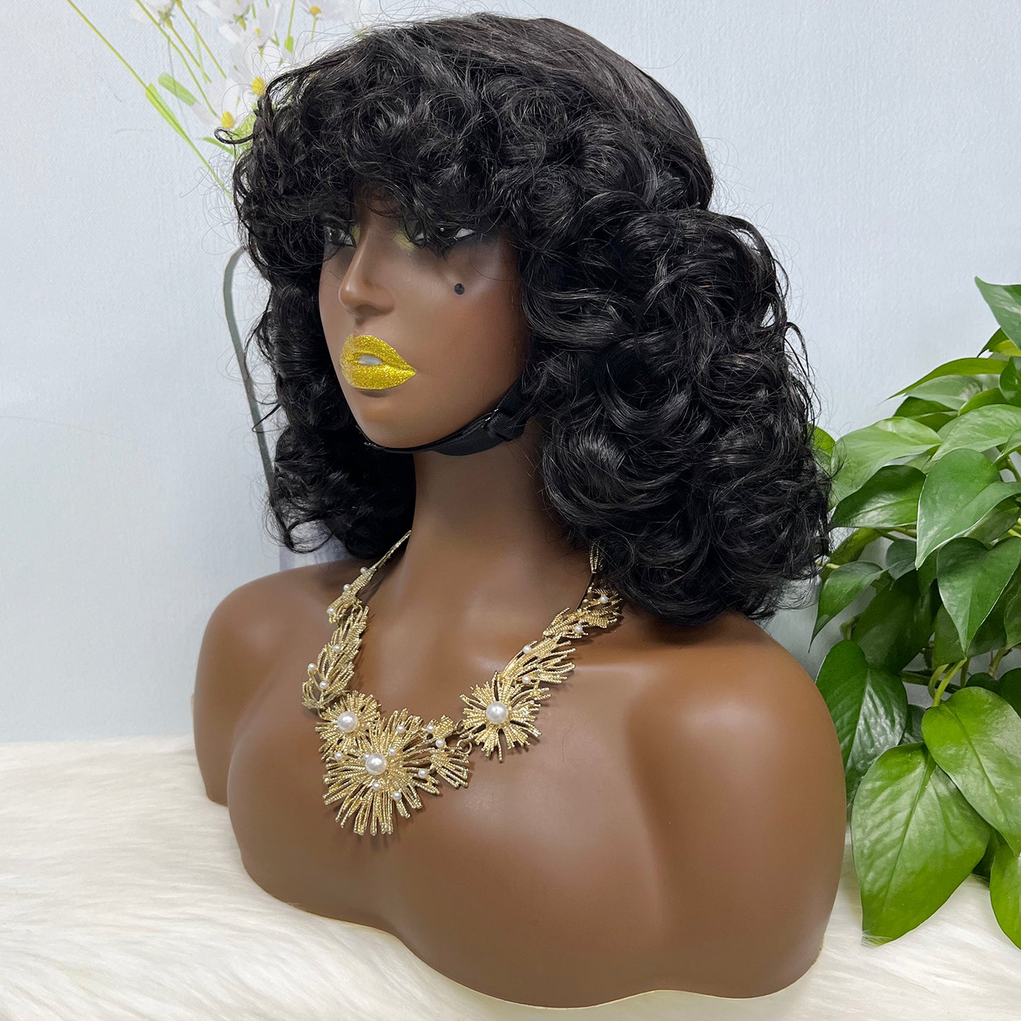 Fringe Double Drawn Human Hair Wig Fumi Curl Natural Color Wigs 14inch