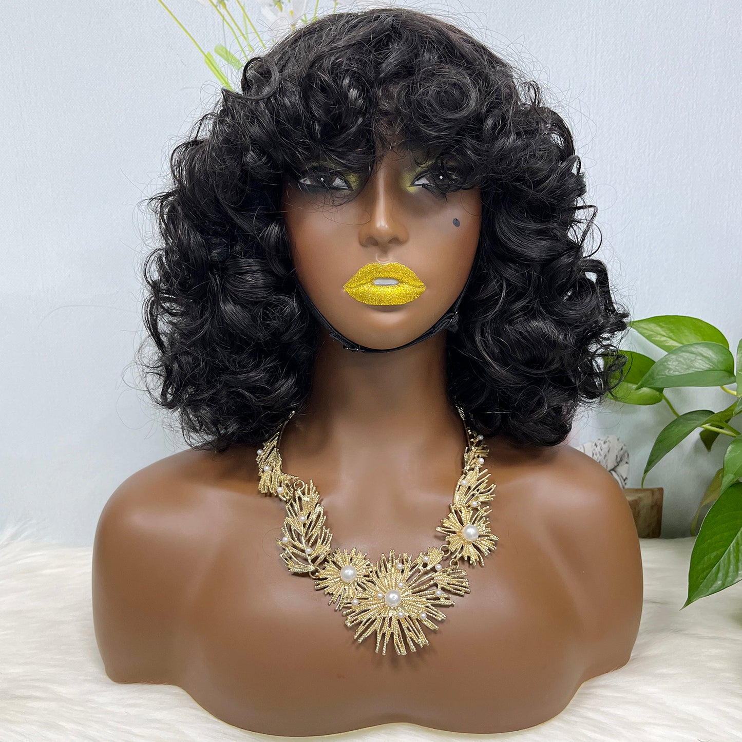 Fringe Double Drawn Human Hair Wig Fumi Curl Natural Color Wigs 14inch