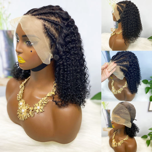 13*4 Bob Wig Jerry Curl Braid Human Hair Wigs Natural Color 200% Density