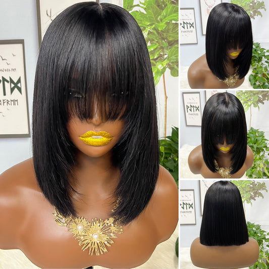 Double Drawn Vietnamese Hair Bone Straight Fringe 2x6 Bob Wig 300% Density Natural Human Hair Wigs