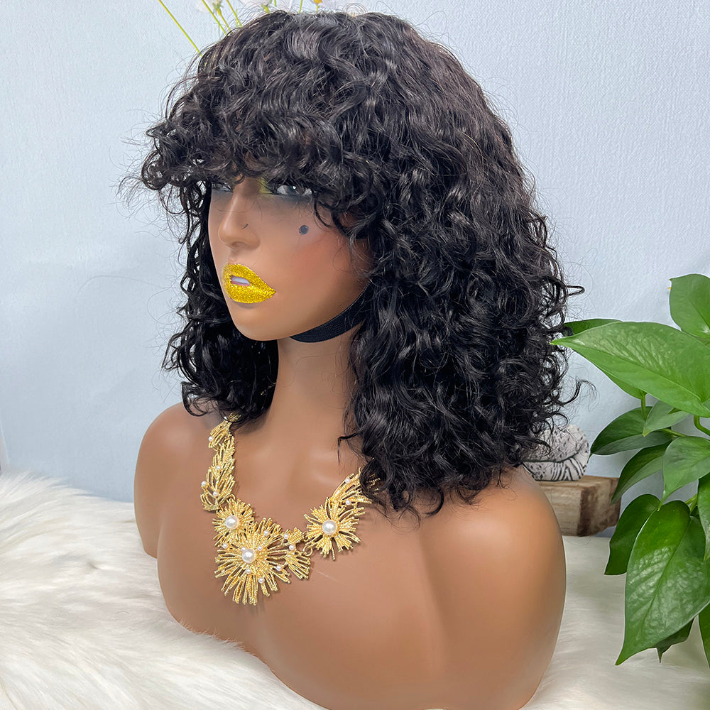 Fringe Double Drawn Wig Water Wave Machine Human Hair Wigs Natural Color