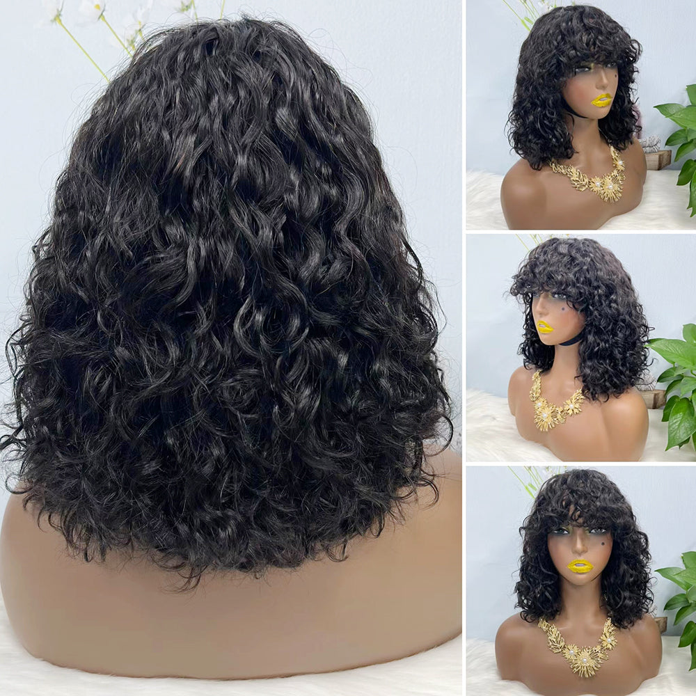 Fringe Double Drawn Wig Water Wave Machine Human Hair Wigs Wine Color 99J