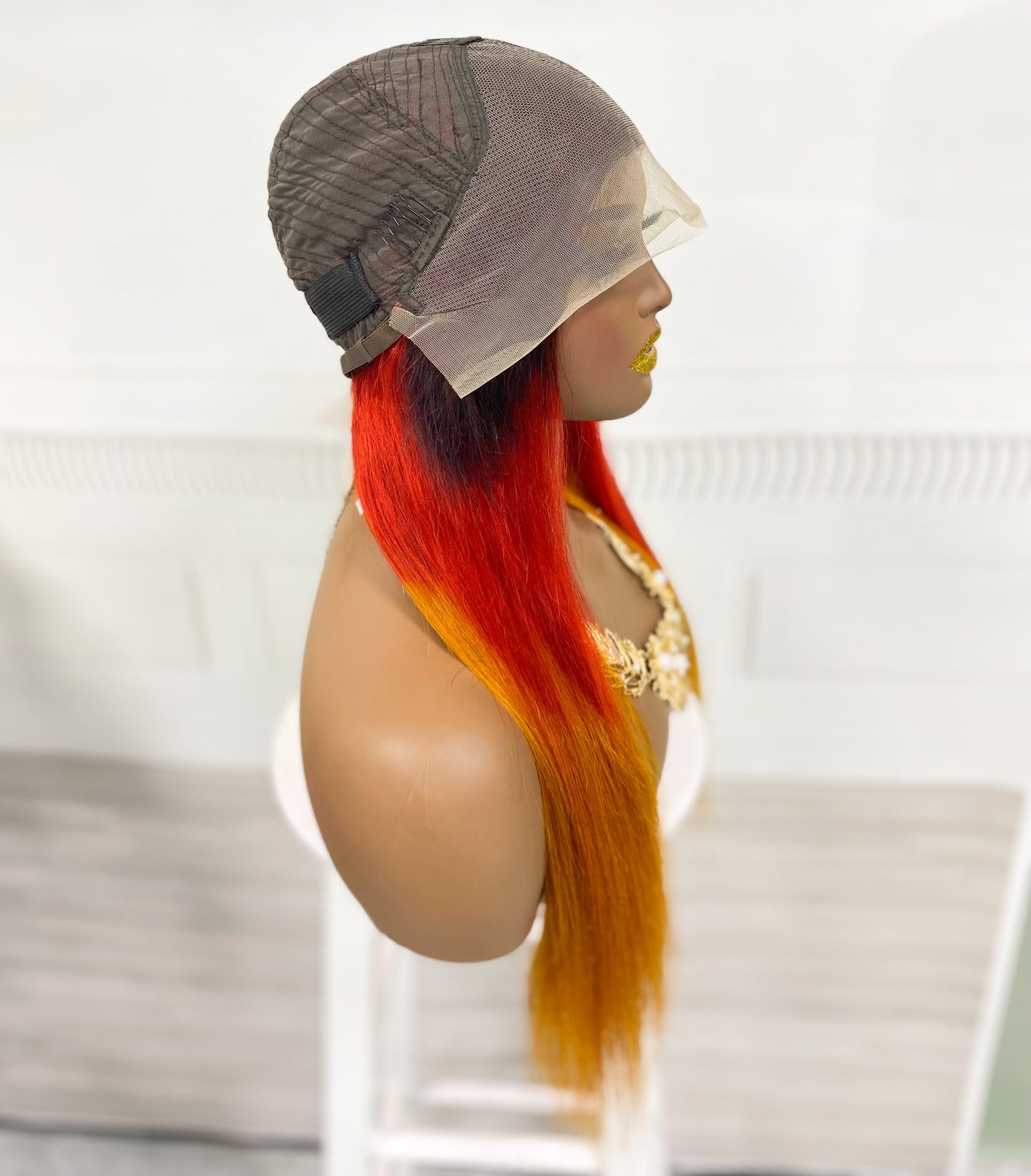 Perruque Lace Wig naturelle lisse, cheveux humains, couleur 1B/rouge/Orange, densité 250%, 13*4