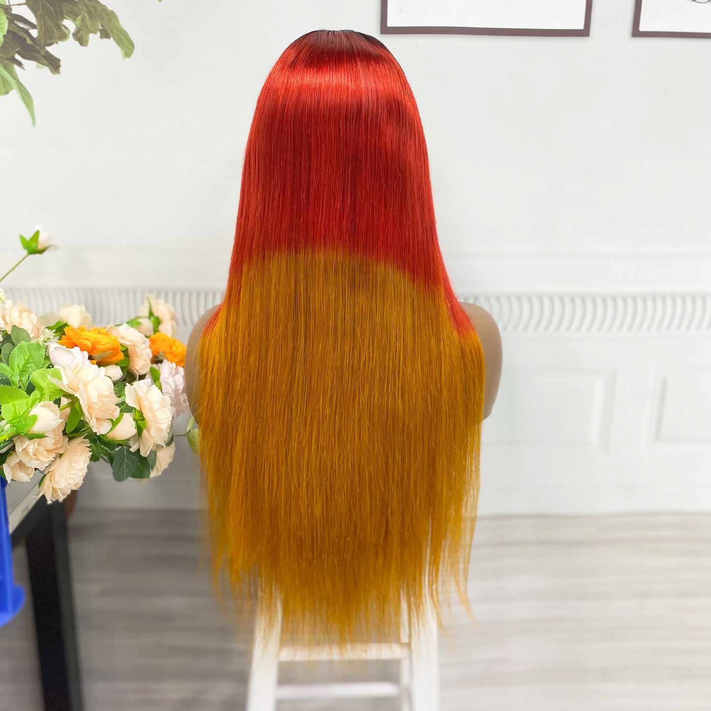 Perruque Lace Wig naturelle lisse, cheveux humains, couleur 1B/rouge/Orange, densité 250%, 13*4