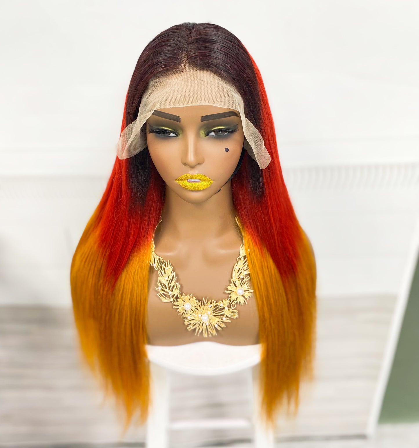 Perruque Lace Wig naturelle lisse, cheveux humains, couleur 1B/rouge/Orange, densité 250%, 13*4