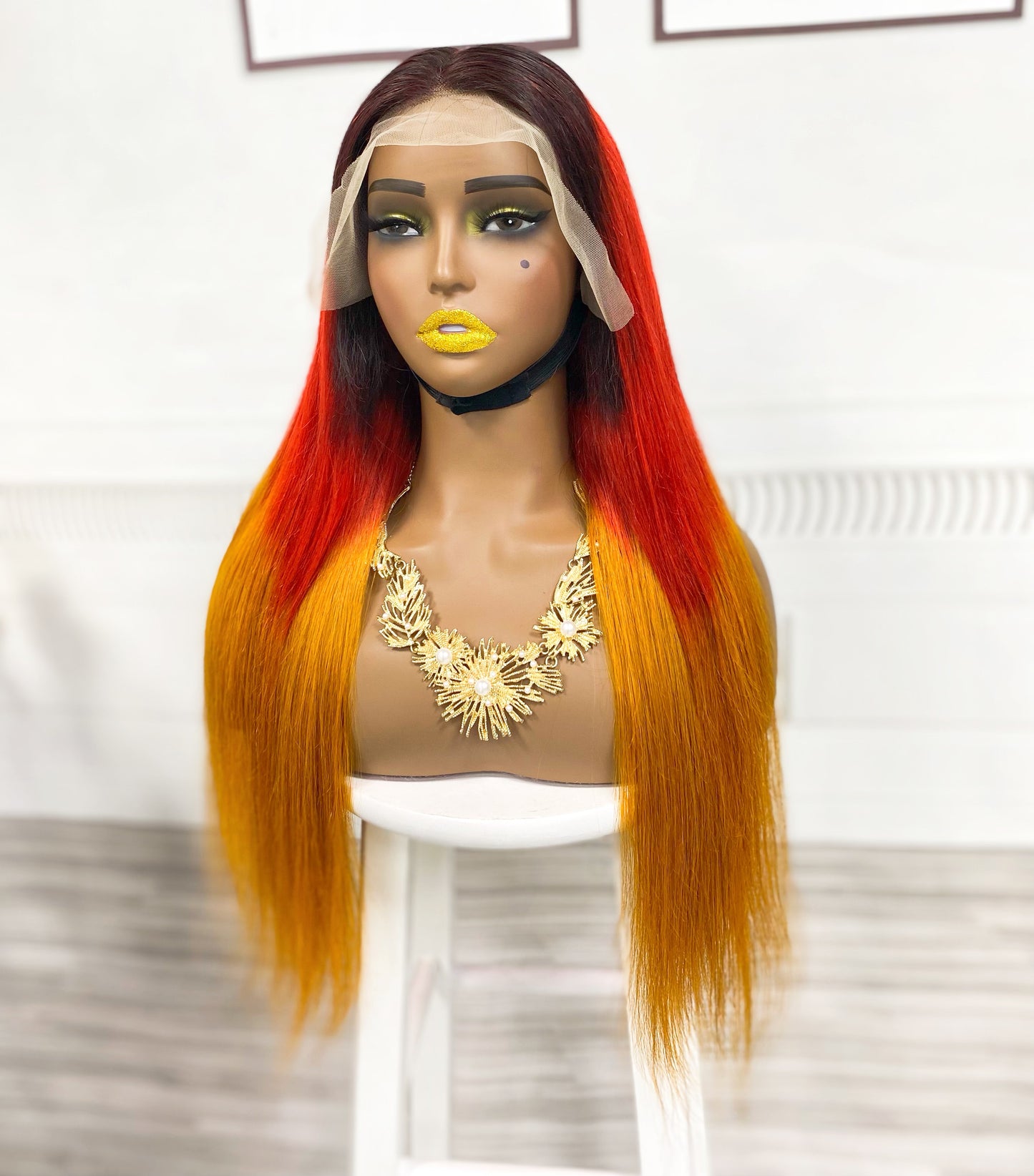Perruque Lace Wig naturelle lisse, cheveux humains, couleur 1B/rouge/Orange, densité 250%, 13*4