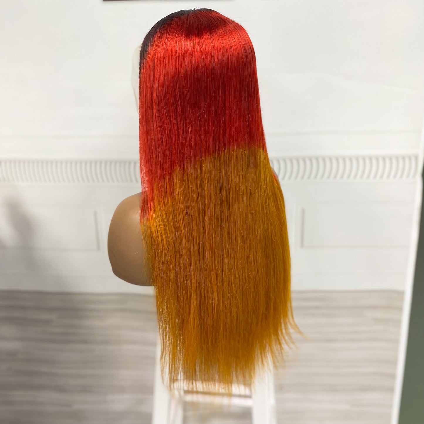 Perruque Lace Wig naturelle lisse, cheveux humains, couleur 1B/rouge/Orange, densité 250%, 13*4