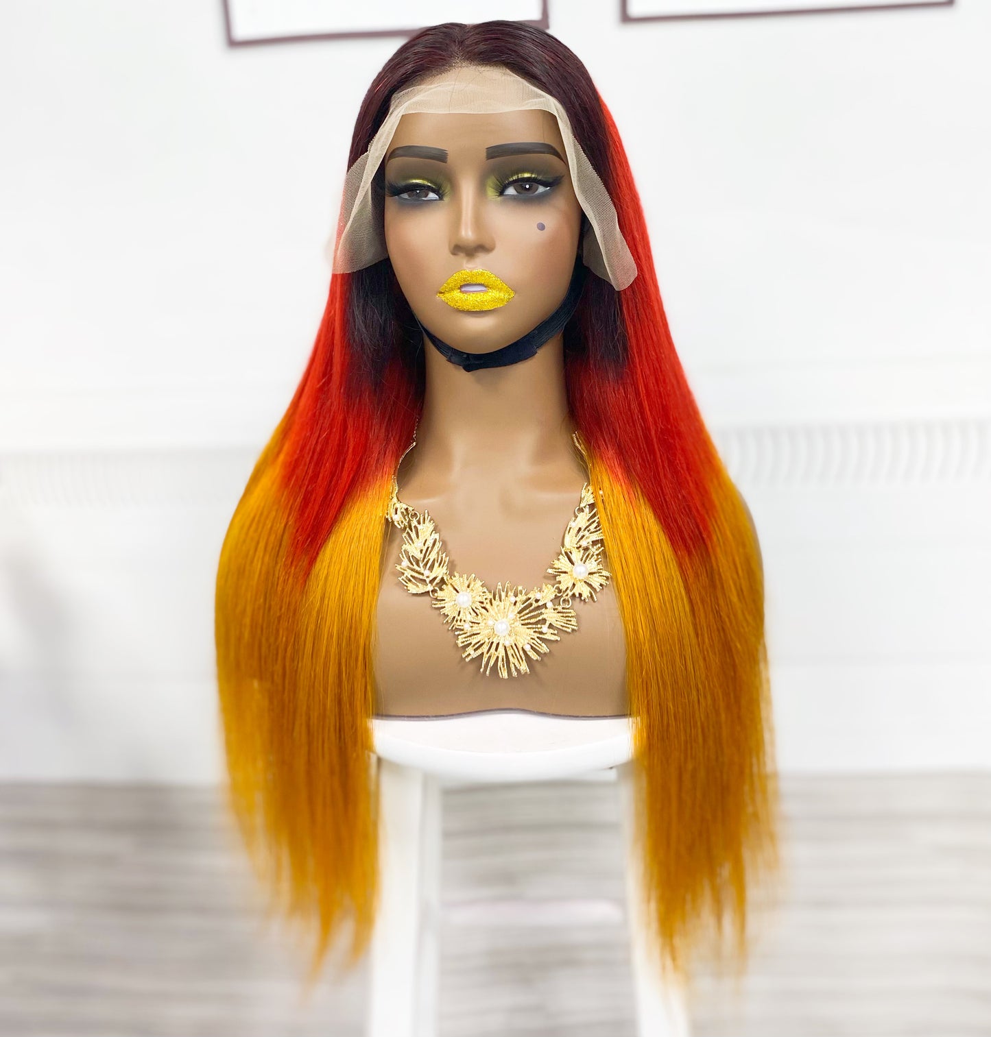 Perruque Lace Wig naturelle lisse, cheveux humains, couleur 1B/rouge/Orange, densité 250%, 13*4