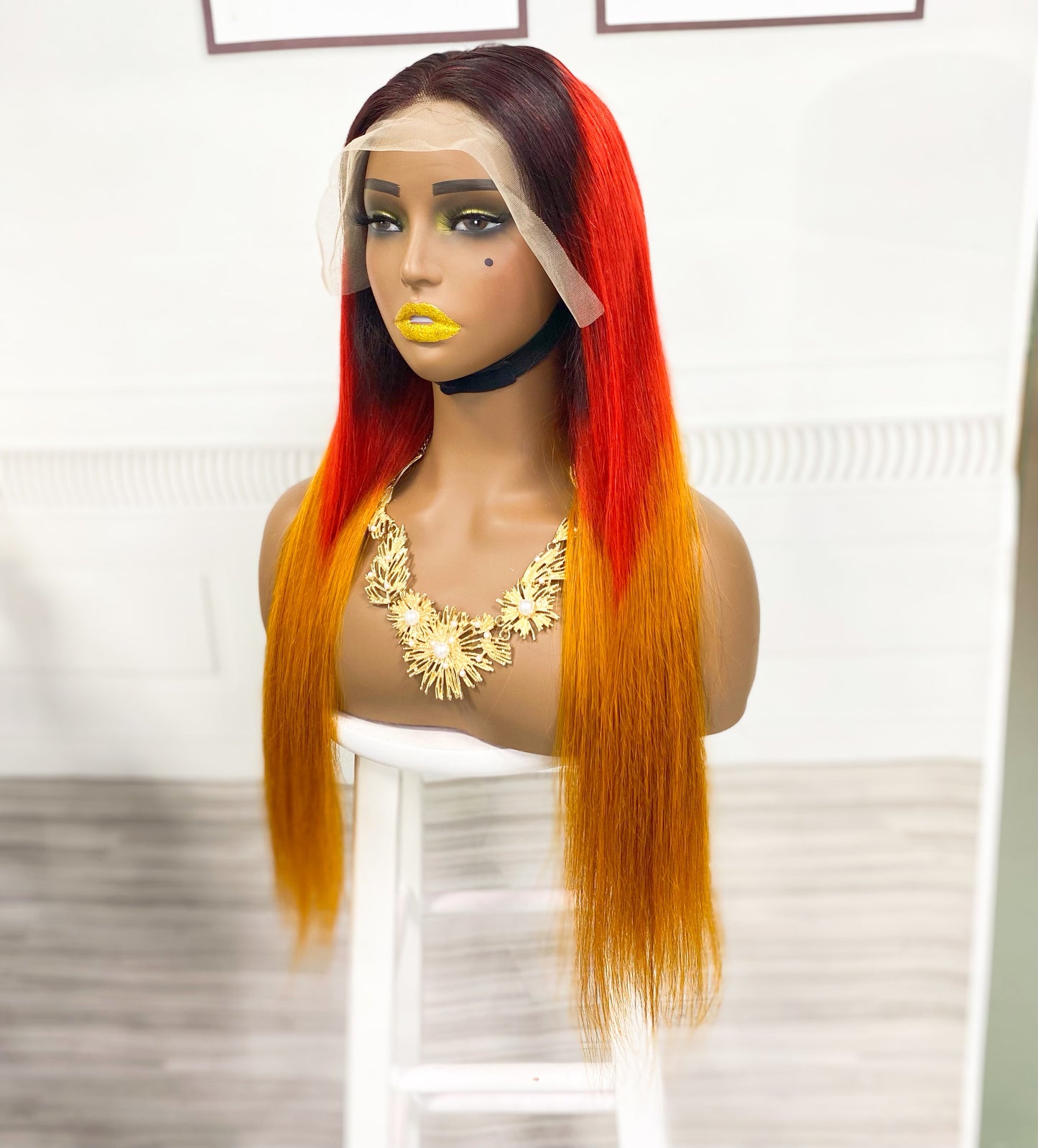 Perruque Lace Wig naturelle lisse, cheveux humains, couleur 1B/rouge/Orange, densité 250%, 13*4