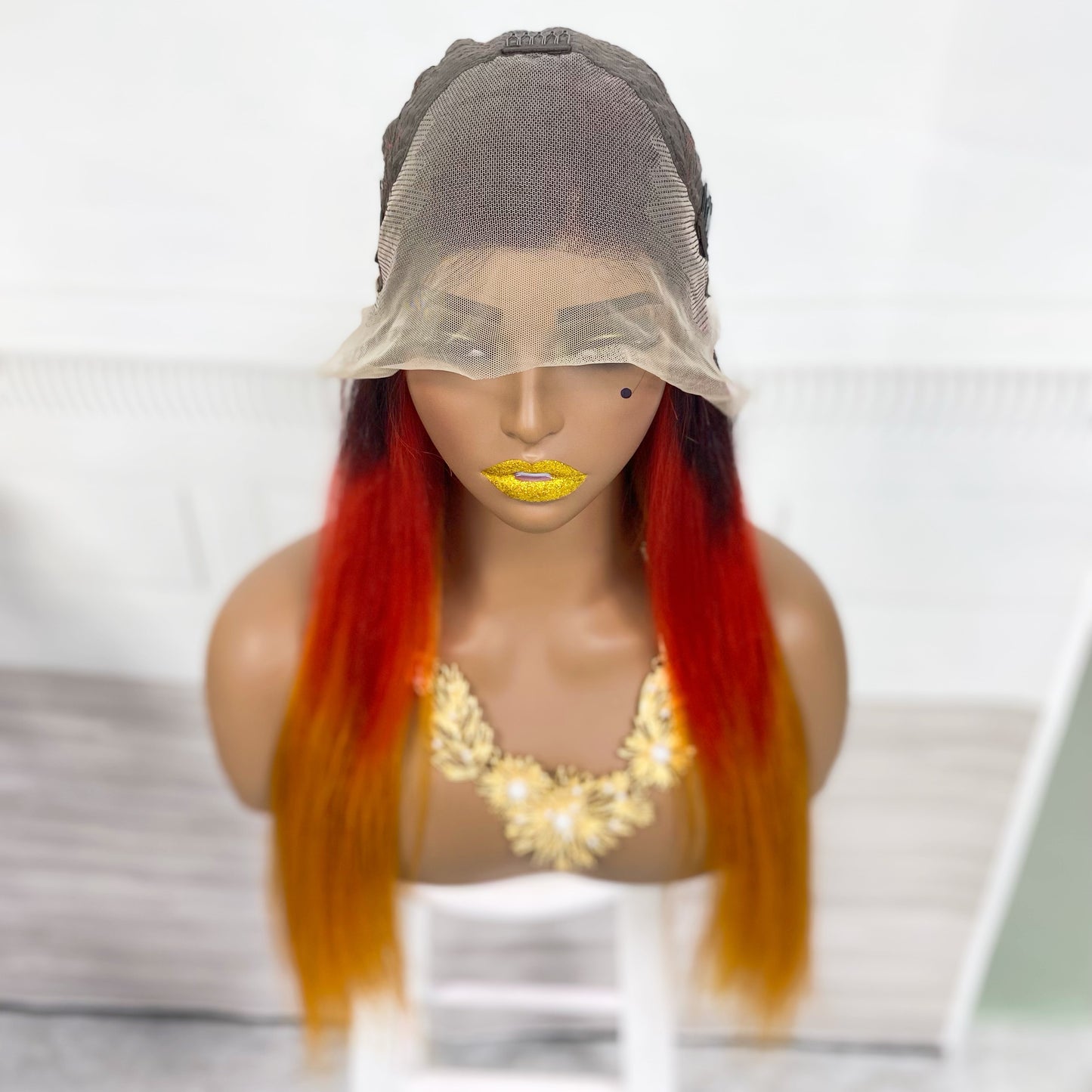 Perruque Lace Wig naturelle lisse, cheveux humains, couleur 1B/rouge/Orange, densité 250%, 13*4