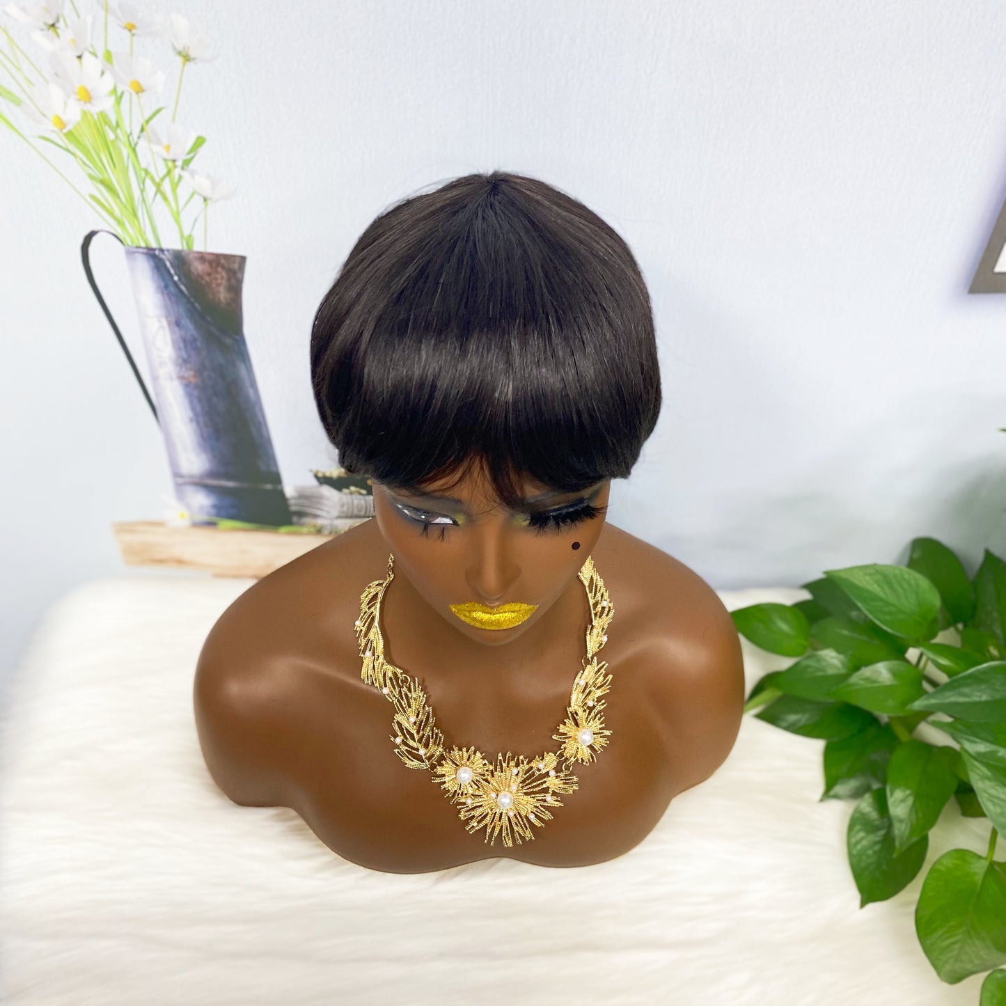 Machine Human Hair Wig Straight Natural Hair Wig 074 Color 1B