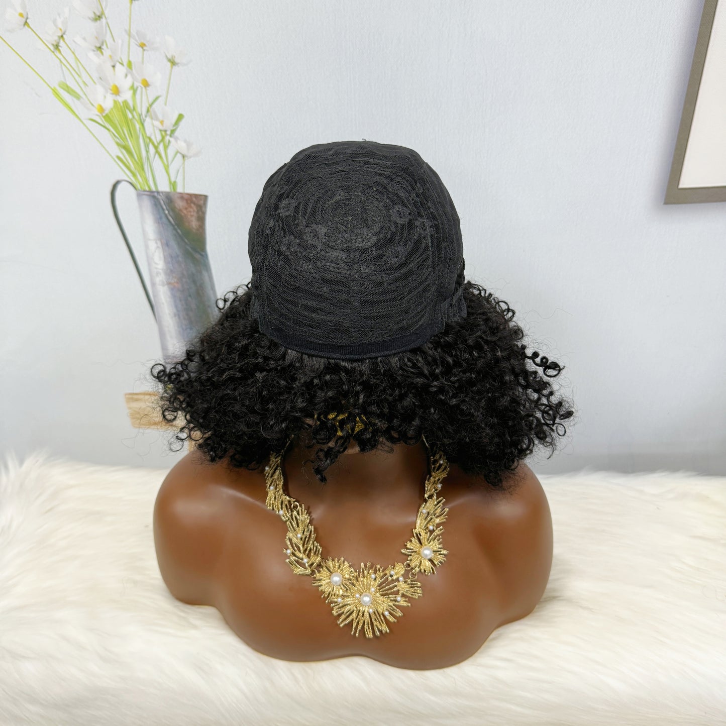 Fringe Double Drawn Wig Human Hair Pixie Curl Wigs 300% Density 12inches Color 1B