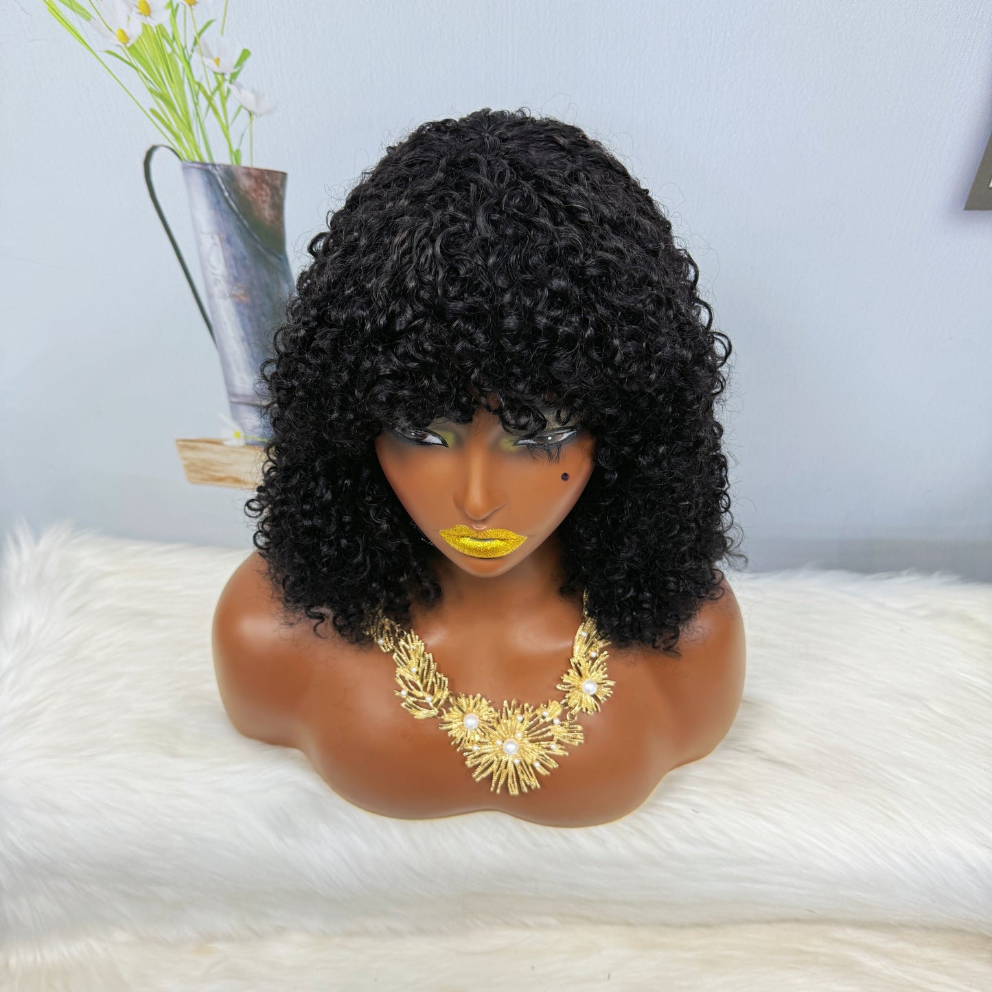 Fringe Double Drawn Wig Human Hair Pixie Curl Wigs 300% Density 12inches Color 1B