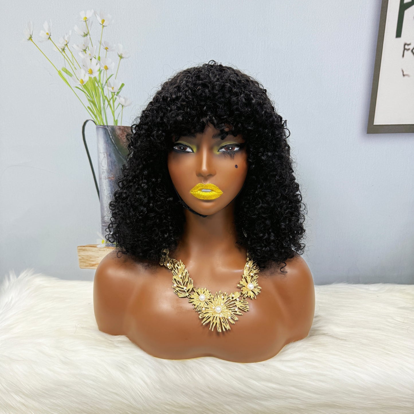 Fringe Double Drawn Wig Human Hair Pixie Curl Wigs 300% Density 12inches Color 1B
