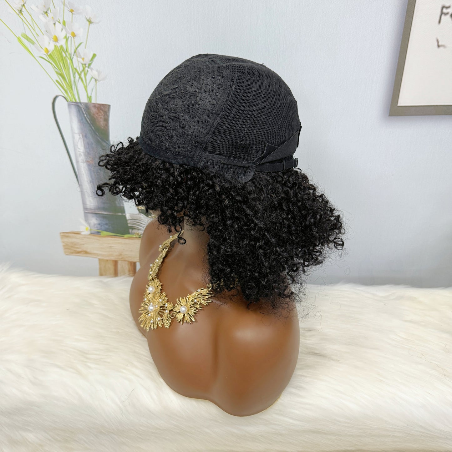 Fringe Double Drawn Wig Human Hair Pixie Curl Wigs 300% Density 12inches Color 1B
