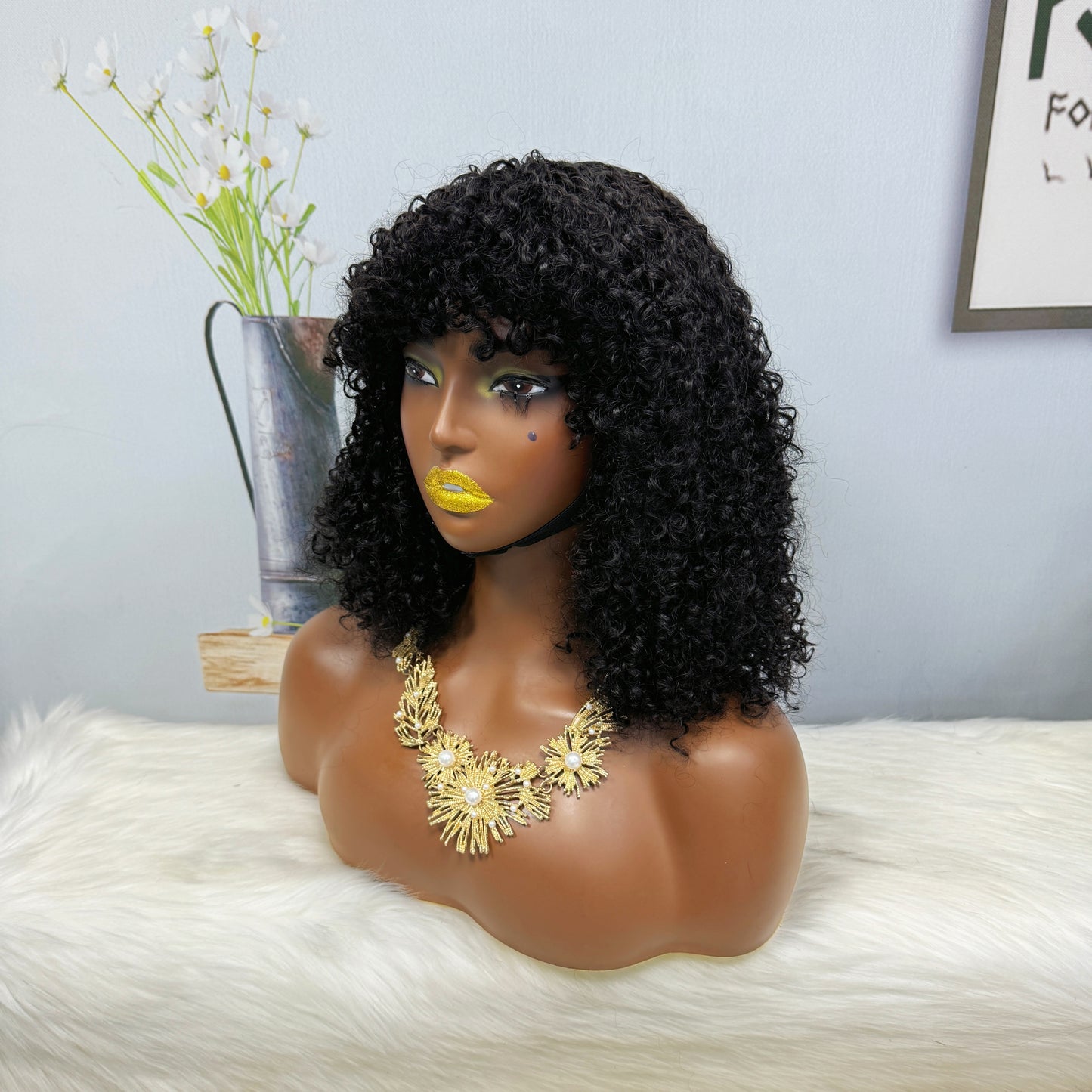 Fringe Double Drawn Wig Human Hair Pixie Curl Wigs 300% Density 12inches Color 1B