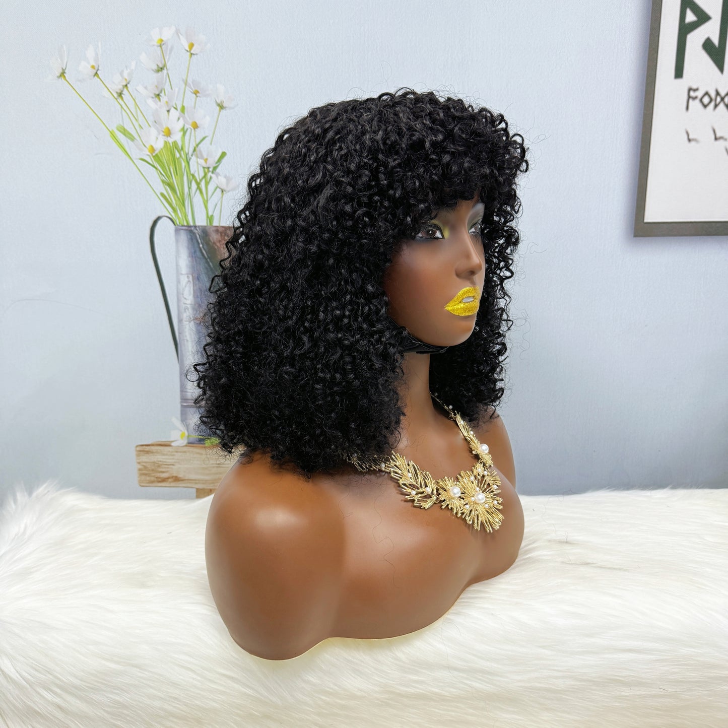 Fringe Double Drawn Wig Human Hair Pixie Curl Wigs 300% Density 12inches Color 1B