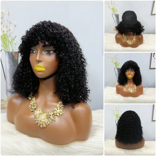 Fringe Double Drawn Wig Human Hair Pixie Curl Wigs 300% Density 12inches Color 1B