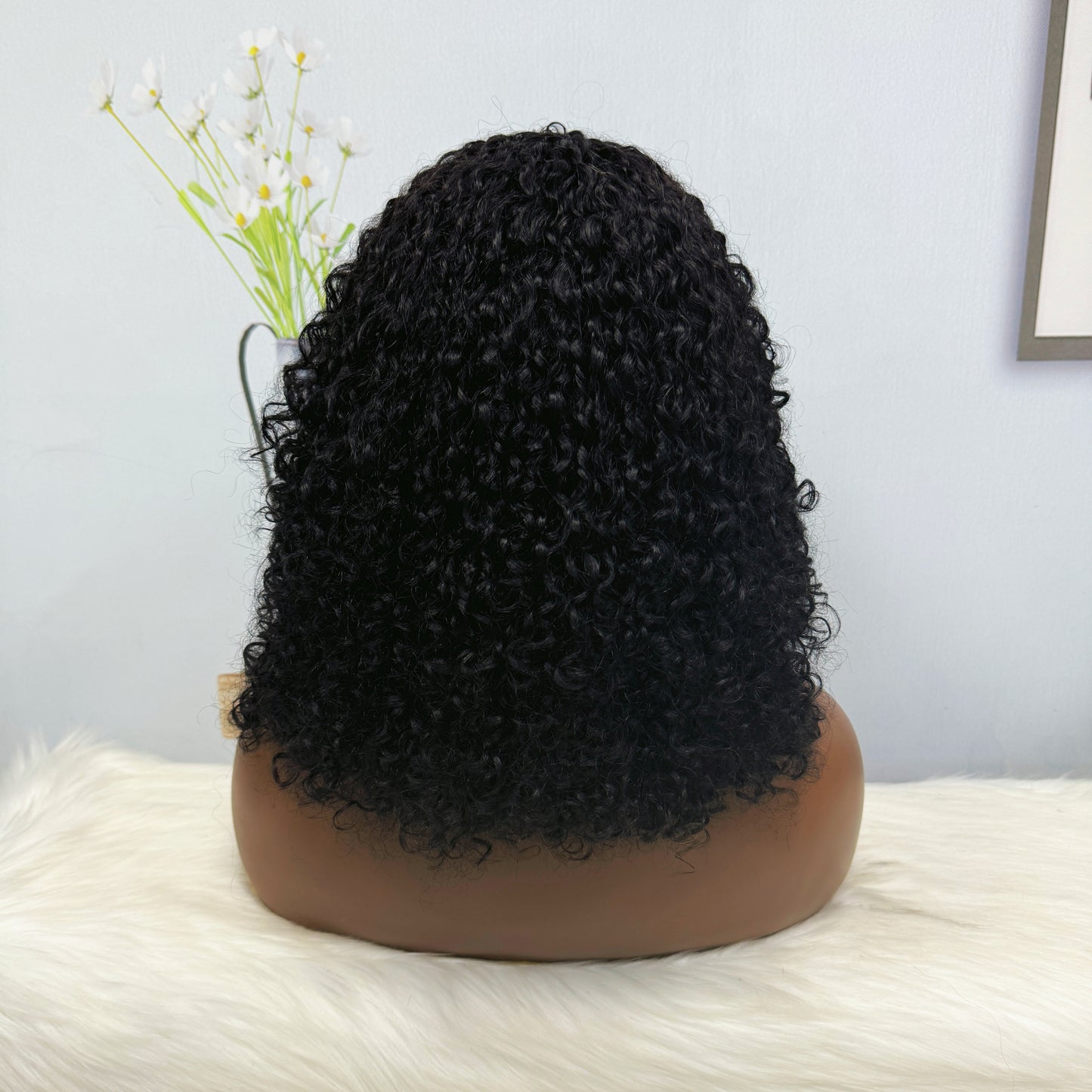 Fringe Double Drawn Wig Human Hair Pixie Curl Wigs 300% Density 12inches Color 1B