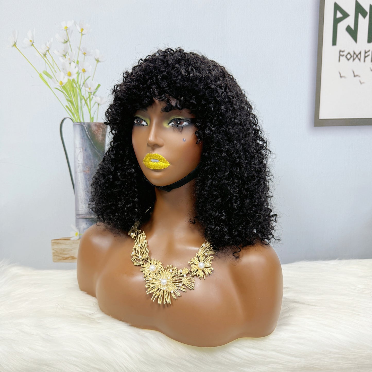 Fringe Double Drawn Wig Human Hair Pixie Curl Wigs 300% Density 12inches Color 1B