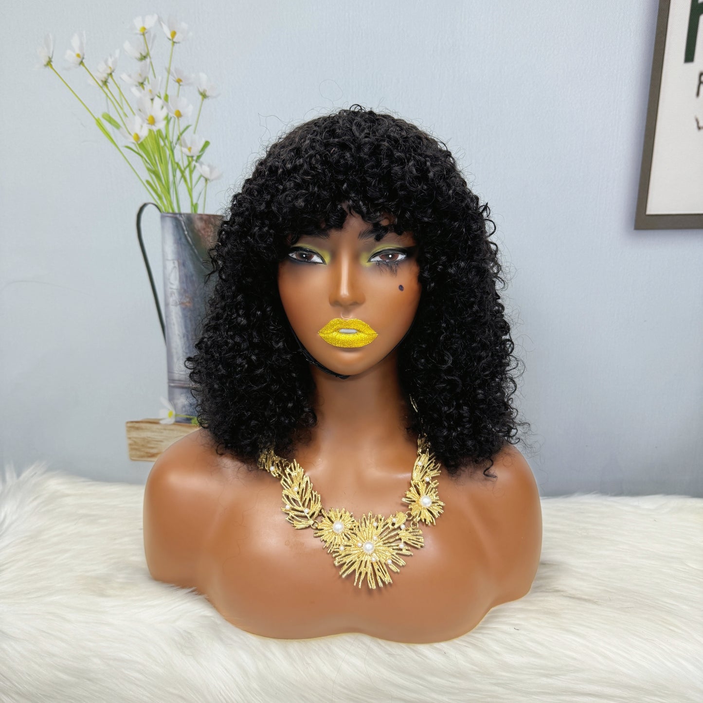 Fringe Double Drawn Wig Human Hair Pixie Curl Wigs 300% Density 12inches Color 1B