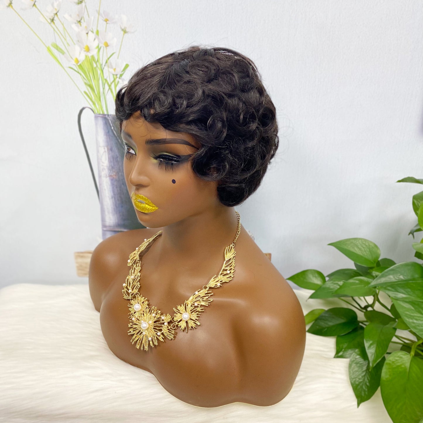 Machine Human Hair Wig Natural Hair Curly Wig W561 Color 1B