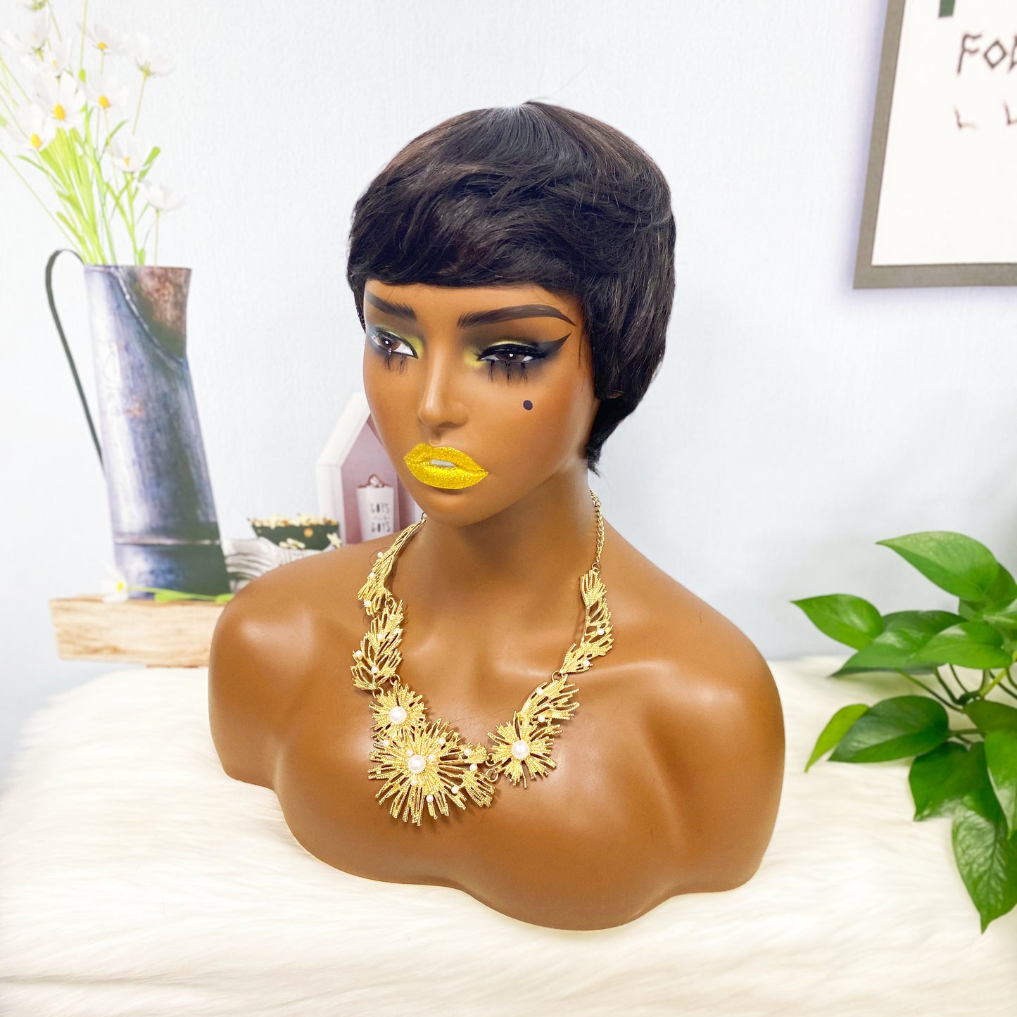 Machine Human Hair Wig Straight Natural Hair Wig 9047 Color 1B