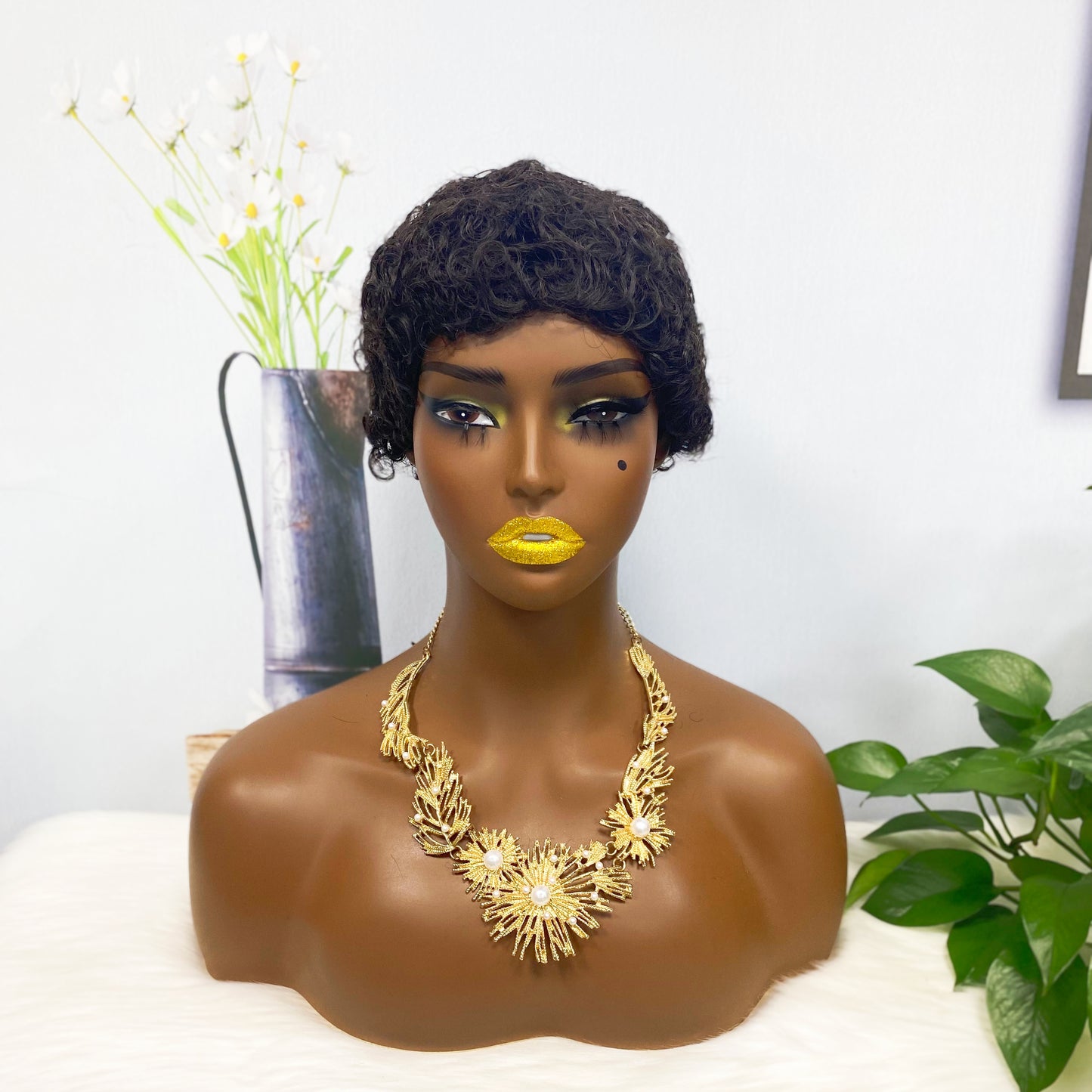 Afro Curl 007 Machine Human Hair Wig Natural Hair Wigs Color 1B