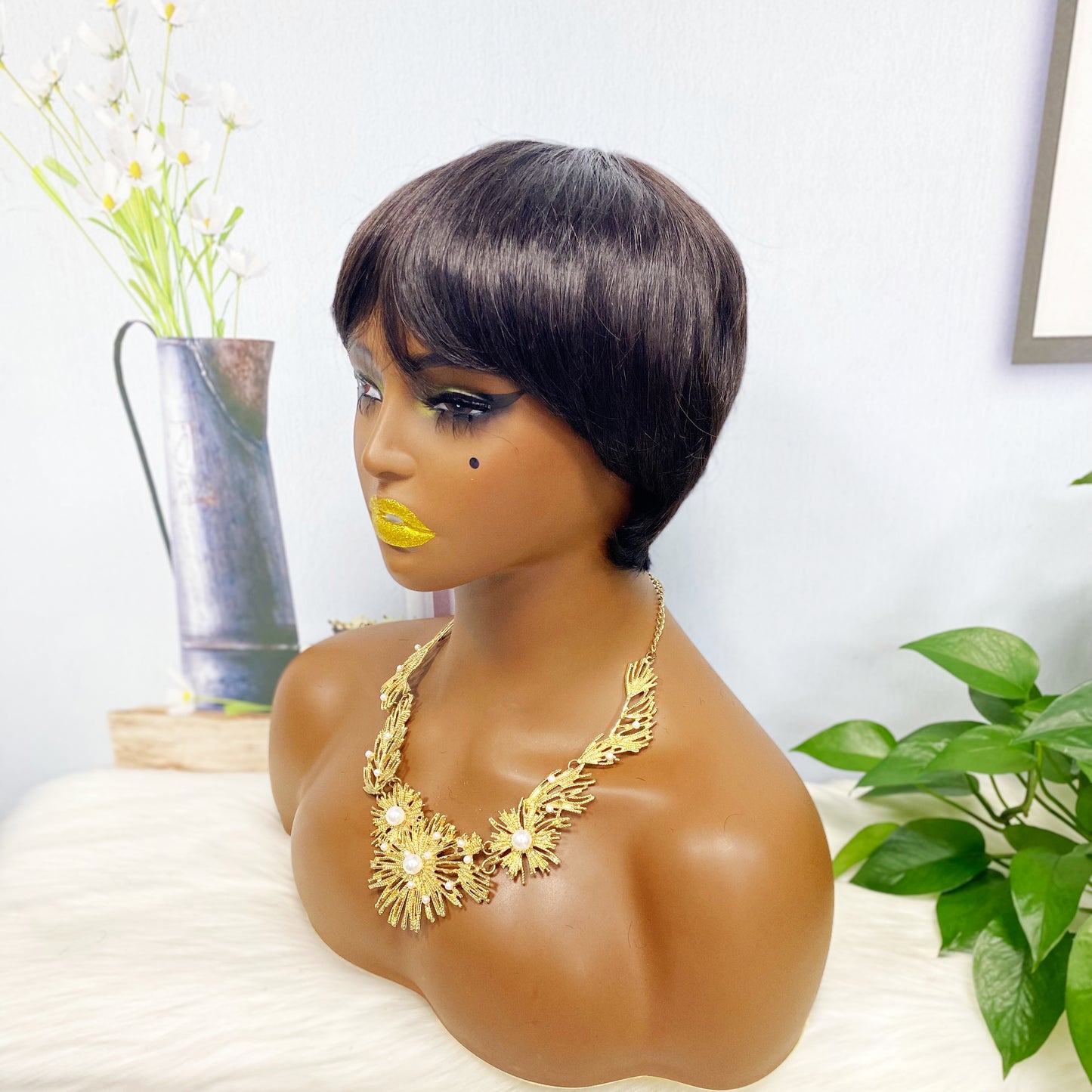 Machine Human Hair Wig Straight Natural Hair Wig 074 Color 1B