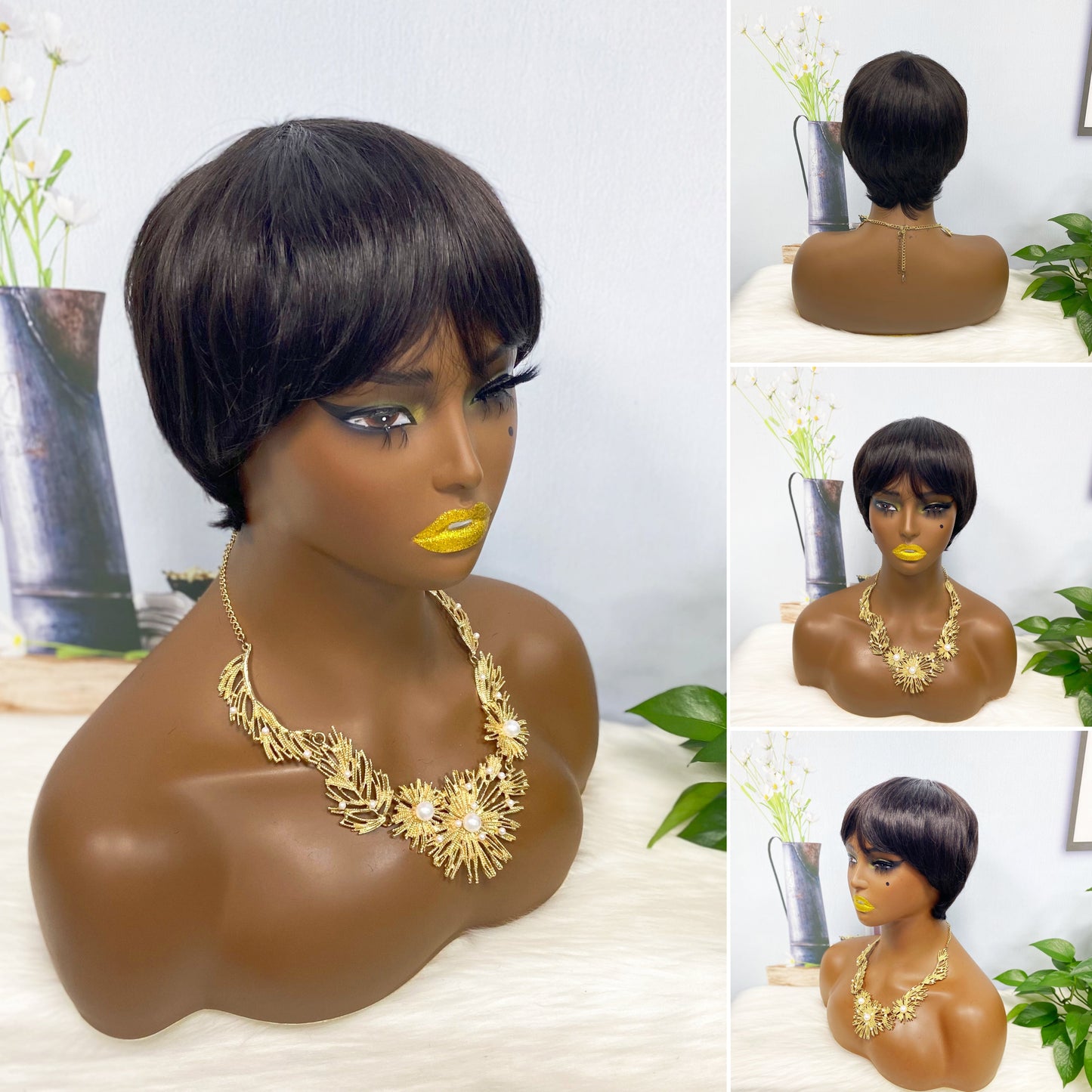 Machine Human Hair Wig Straight Natural Hair Wig 074 Color 1B