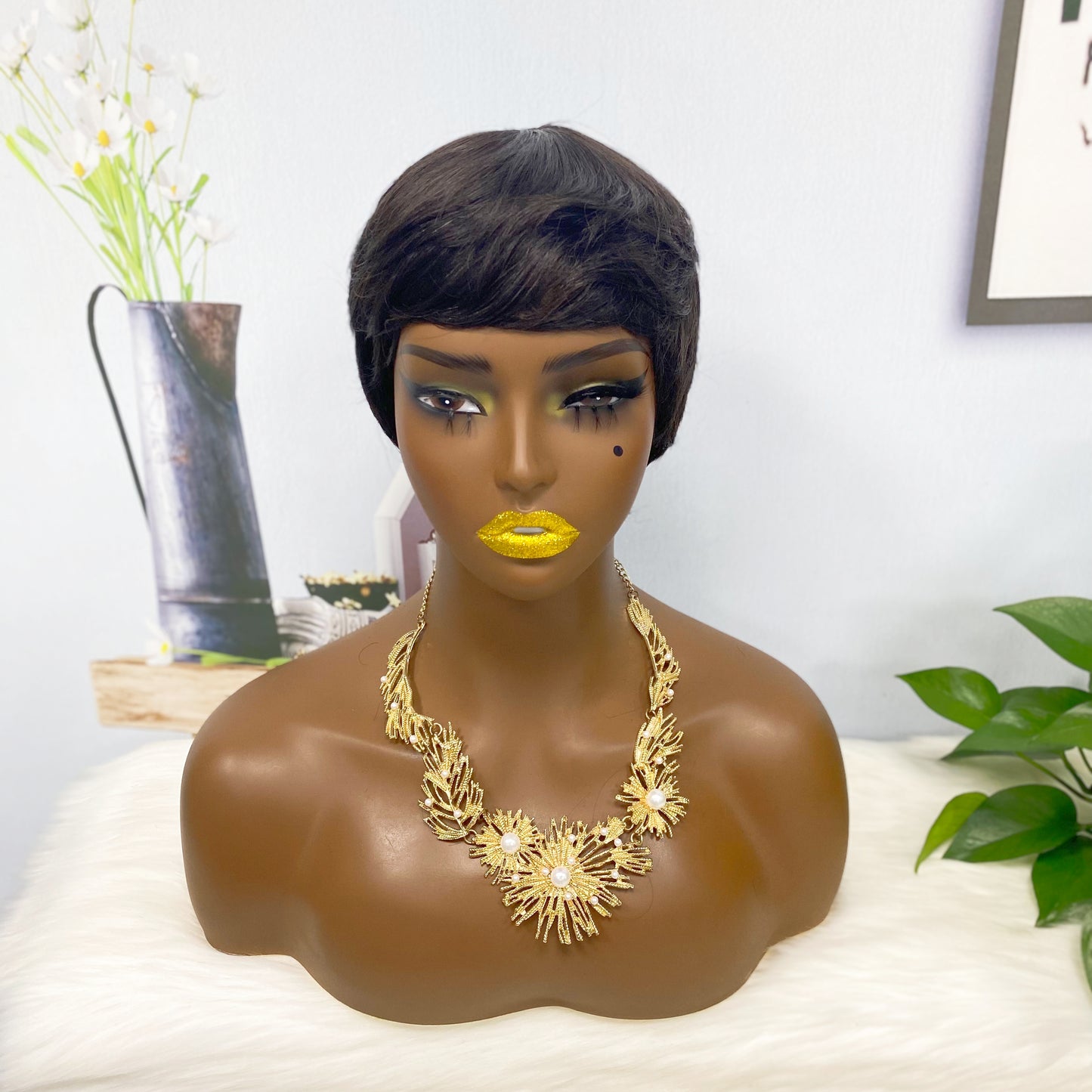 Machine Human Hair Wig Straight Natural Hair Wig 9047 Color 1B
