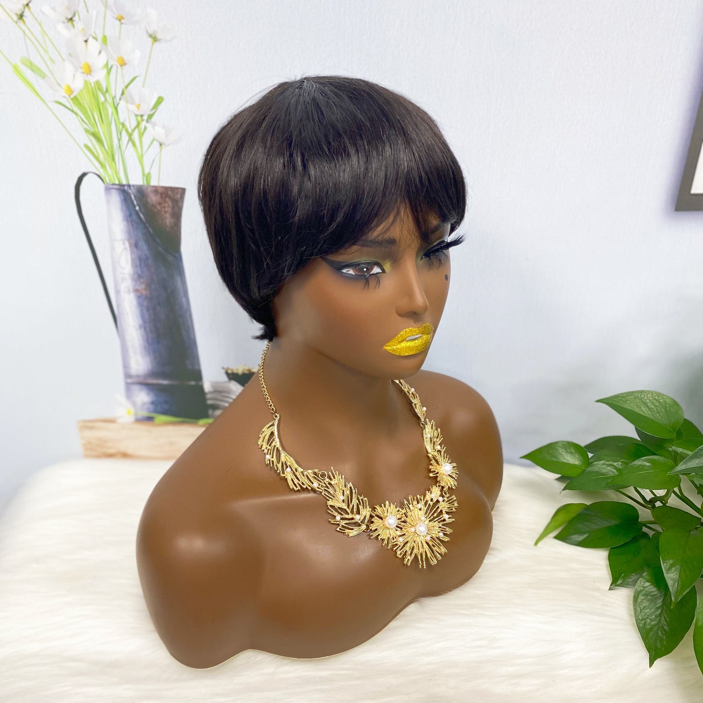 Machine Human Hair Wig Straight Natural Hair Wig 074 Color 1B