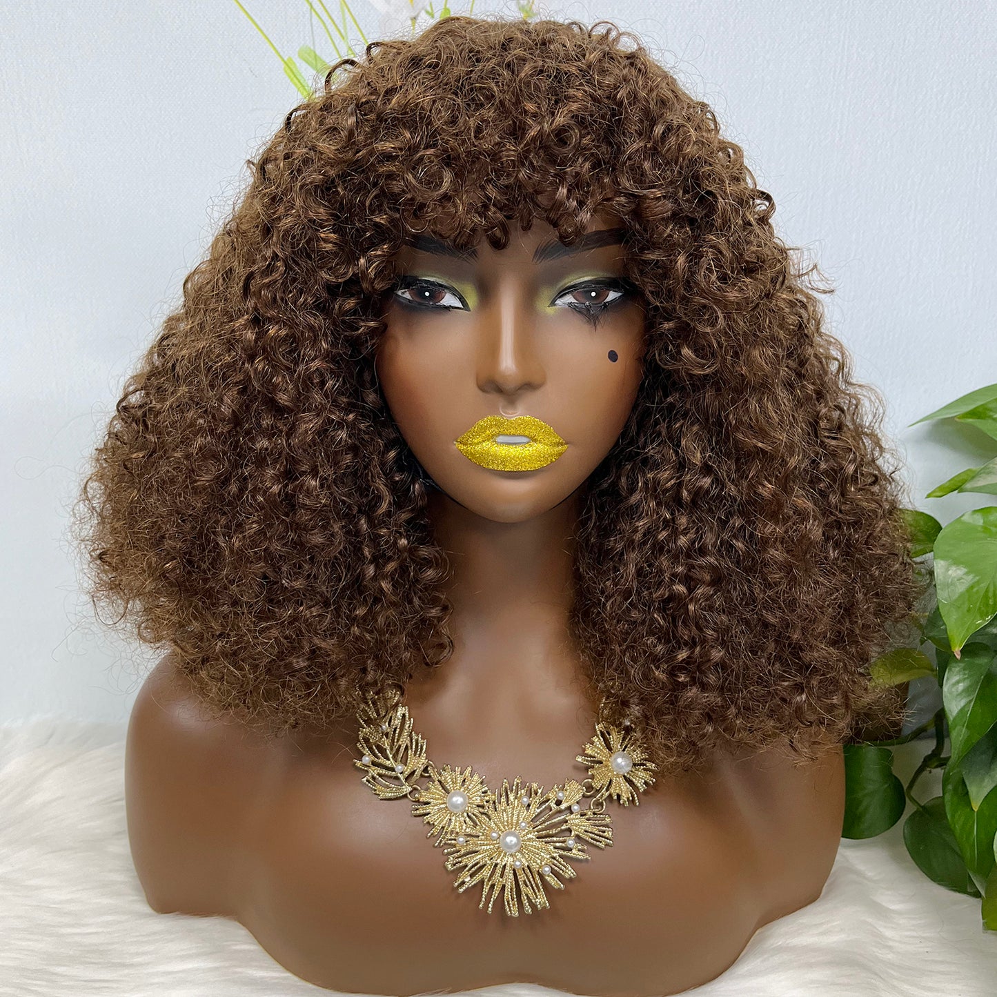 Fringe Double Drawn Wig Human Hair Pixie Curl Wigs 300% Density Brown Color 4#