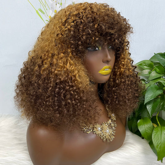 Fringe Double Drawn Wig Human Hair Pixie Curl Wigs 300% Density Ombre Color T4/30/4