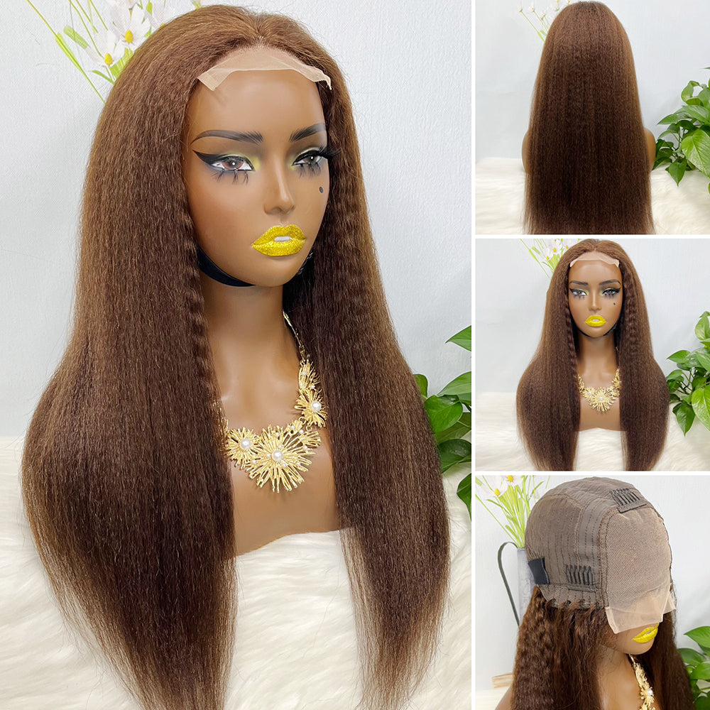 4*4 Lace Wig Kinky Straight Couleur 4# 20" Perruque de cheveux humains naturels 250% Densité
