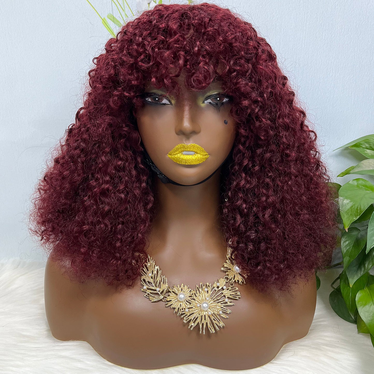Fringe Double Drawn Wig Human Hair Pixie Curl Wigs 300% Density Wine Color 99J
