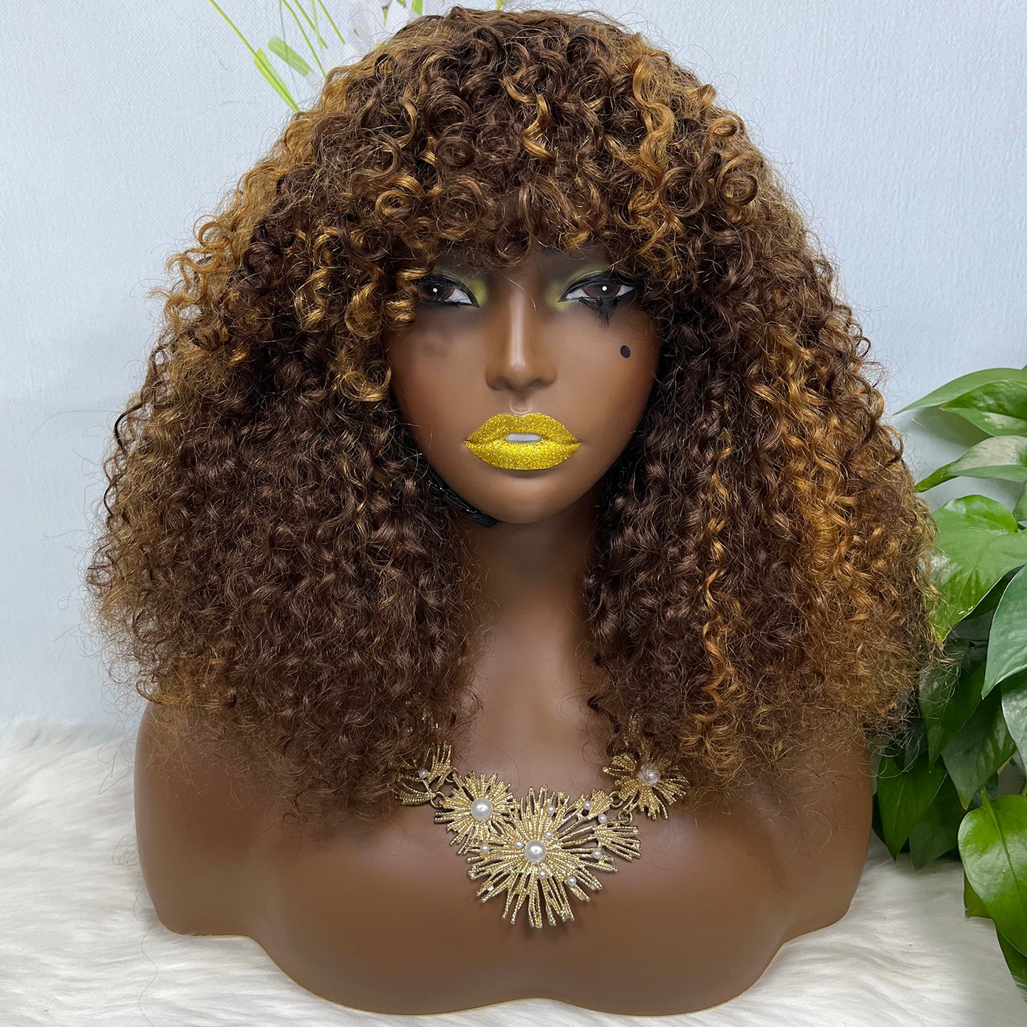 Fringe Double Drawn Wig Human Hair Pixie Curl Wigs 300% Density Piano Color P4/30