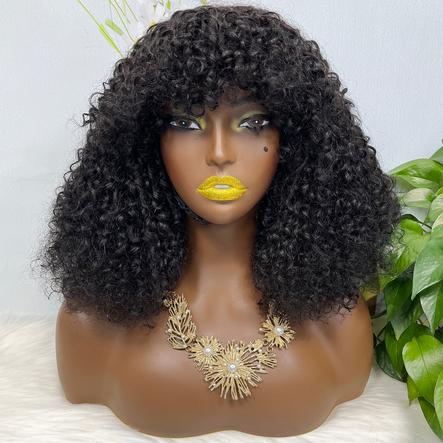 Fringe Double Drawn Wig Human Hair Pixie Curl Wigs Natural Color 300% Density